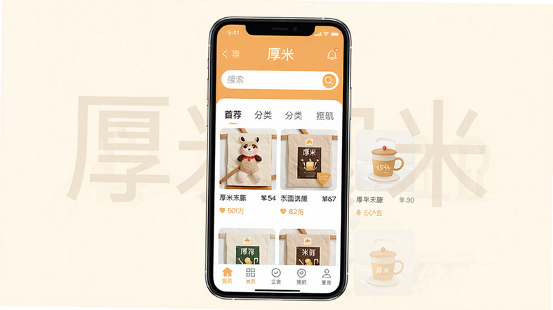 厚米购物APP主界面预览图,展示首页商品推荐、分类导航、搜索栏以及底部菜单栏,整体风格清新简约,色彩明亮温暖,排版整齐,画质高清,干净无多余元素,图片中文字标注“厚米”。
