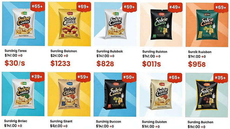 厚米商品列表页预览图,展示多种商品图片、价格标签及折扣标识,布局为整齐的网格状,风格电商现代,色彩鲜明,画质清晰,无多余元素。
