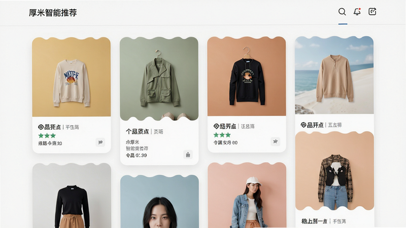 厚米智能推荐页面预览图,展示个性化商品卡片排列,布局采用瀑布流形式,风格现代简洁,色彩和谐,画质高清,干净无多余元素。