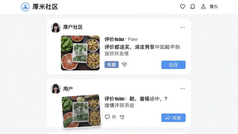 厚米社区页面预览图,展示用户发布的动态卡片,包含商品图片、文字评价和互动按钮,布局为信息流样式,风格清新社交,画质清晰,干净无多余元素。