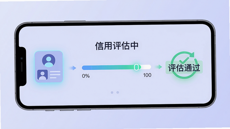 主体:手机屏幕展示信用评估过程,左侧显示个人资料图标,中间有进度条从0%到100%,右侧显示“评估通过”字样,布局:从左到右流程式,排版:分步引导,风格:科技感扁平,细节:图标发光,背景淡紫色,文字“信用评估中”清晰可见,画质:高清,无杂乱元素
