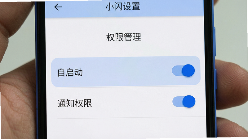 主体:手机屏幕显示小闪设置页面,高亮“自启动”和“通知权限”开关,布局:列表型,排版:清晰分类,风格:Material Design,细节:开关为蓝色,背景白色,文字“权限管理”居中,画质:高清,无多余元素