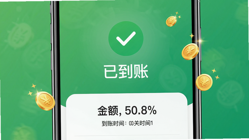 主体:手机屏幕显示放款成功界面,中央有绿色对勾和“已到账”文字,下方列出金额和到账时间,布局:居中对称,排版:信息突出,风格:清爽商务,细节:金币图标闪烁,背景渐变绿,画质:超清,无多余文字标记
