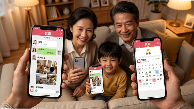 画面主体是一家人围坐在客厅沙发前,各自拿着手机,屏幕上显示“族聊”APP界面,手机界面里有群聊窗口、共享相册缩略图和日历提醒。布局采用俯视温馨视角,人物面带微笑,柔和暖色调灯光,写实风格,细节清晰,画质细腻干净,无多余元素。图片中文字包含“族聊”字样。