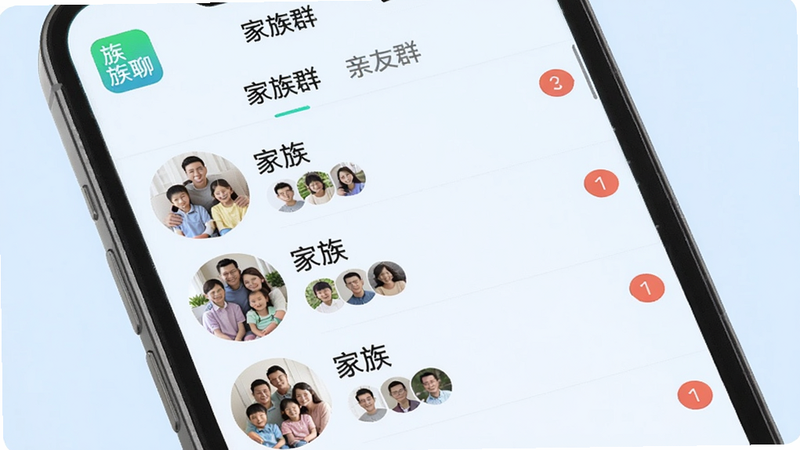 画面展示一个手机屏幕,屏幕内是族聊群组列表页,顶部有“家族群”“亲友群”等标签,每个群组头像为家庭合影,右侧有未读消息气泡。布局为纵向列表,风格简洁扁平,背景为浅蓝色,细节包括群组名称、成员头像缩略图,画质高清干净,无多余元素。图片中显示“族聊”APP图标和“家族群”字样。