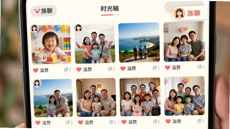 画面为一个手机屏幕,展示族聊共享相册界面,顶部有“时光轴”标签,下方排列着多张家庭照片,有孩子生日、旅行风景、聚会合影,每张照片下方有爱心点赞数和评论数。布局为网格状,风格清新自然,暖色滤镜,细节包括照片边框和用户头像,画质细腻干净,无多余文字以外的元素。图片中包含“族聊”字样。