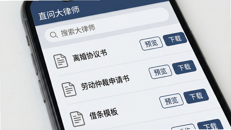 手机屏幕显示法律文书模板列表,顶部有搜索框,下面列出“离婚协议书”“劳动仲裁申请书”“借条模板”等条目,每个条目右侧有“预览”“下载”按钮。布局为列表式,风格清晰,细节包括每个模板条目左侧有文件图标,背景浅灰色,画质干净,文字“直问大律师”出现在导航栏。