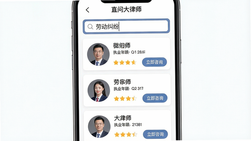 手机界面展示智能匹配过程:上方搜索框输入“劳动纠纷”,下方出现三位律师卡片,每张卡片包含律师照片、姓名、执业年限、评分和“立即咨询”按钮。布局为垂直列表,风格扁平化,细节有律师头像圆形裁剪,评分星星图标,文字“直问大律师”出现在顶栏,画质清晰,背景白色干净。