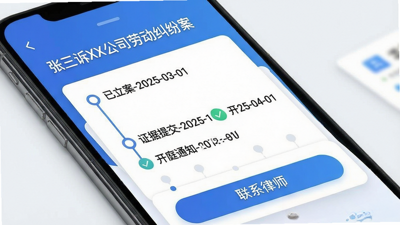 手机界面展示案件进度面板:顶部显示案件名称“张三诉XX公司劳动纠纷案”,下方时间轴显示“已立案-2025-03-01”、“证据提交-2025-03-15”、“开庭通知-2025-04-01”,每个节点有绿色勾标记。底部有“联系律师”按钮,整体风格为时间轴卡片布局,蓝色主色调,细节清晰,画质干净,文字“直问大律师”水印位于右下角。