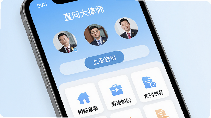 主体为一部智能手机屏幕显示“直问大律师”APP主界面,上半部分有律师头像列表和“立即咨询”按钮,下半部分为法律类别图标如“婚姻家事”“劳动纠纷”“合同债务”。整体布局采用卡片式排版,背景为浅蓝色渐变,风格现代简洁,细节包括界面上的文字“直问大律师”字样清晰可见,画质高清,干净无多余元素。