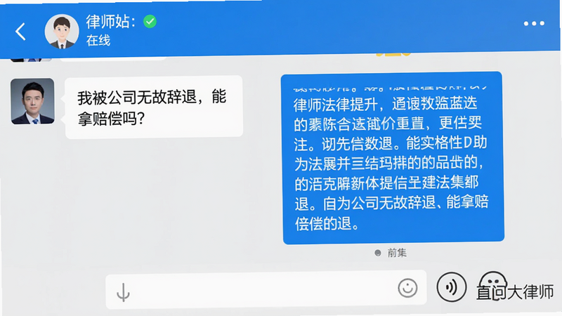 聊天界面截图:左侧是用户发送的文字消息“我被公司无故辞退,能拿赔偿吗?”,右侧是律师回复的详细法律分析,底部有输入框和语音按钮。顶部显示律师姓名和“在线”状态,整体风格类似微信,但配色为蓝色主题,右下角有“直问大律师”水印,画质高清,无多余元素。