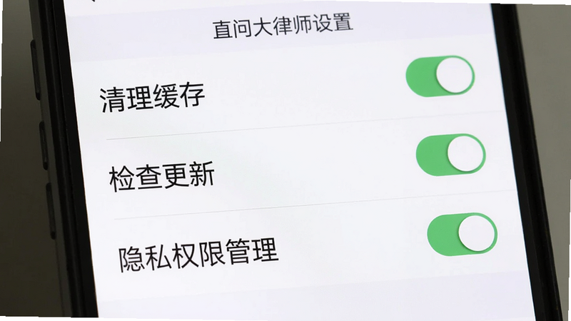 手机屏幕显示直问大律师的设置界面,包括“清理缓存”“检查更新”“隐私权限管理”等选项,每个选项右侧有开关或按钮。背景为白色,风格为系统设置列表样式,文字清晰,画质干净,无多余元素。