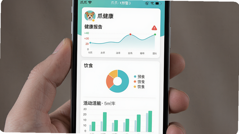 一张爪爪app健康报告界面截图,主体为手机屏幕,布局中央显示宠物的健康卡片,排版由上到下依次为体重曲线、饮食饼图、活动柱状图,风格清新简约,细节包括宠物头像和预警标记,画质高清,干净无多余元素。文字包含健康报告和预警字样。