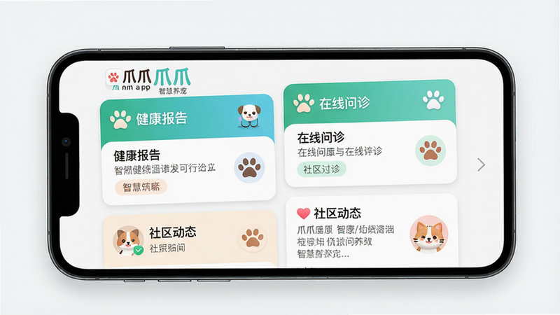 一张展示爪爪app首页界面的高清截图,主体为手机屏幕中央,布局采用卡片式排列,包含健康报告、在线问诊、社区动态等模块,排版整齐,风格现代清新,细节处有宠物爪印图标和可爱的宠物头像,画质细腻,背景干净,无多余装饰。文字部分显示爪爪logo和智慧养宠标语。