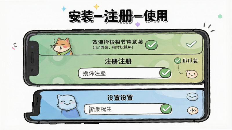 一张爪爪app使用步骤示意图,主体为手机屏幕显示安装、注册、设置三个关键步骤,布局从上到下依次排列,排版简洁,风格卡通,细节包括勾选授权和输入框,画质清晰,背景白色,无多余元素。文字包含安装-注册-使用。
