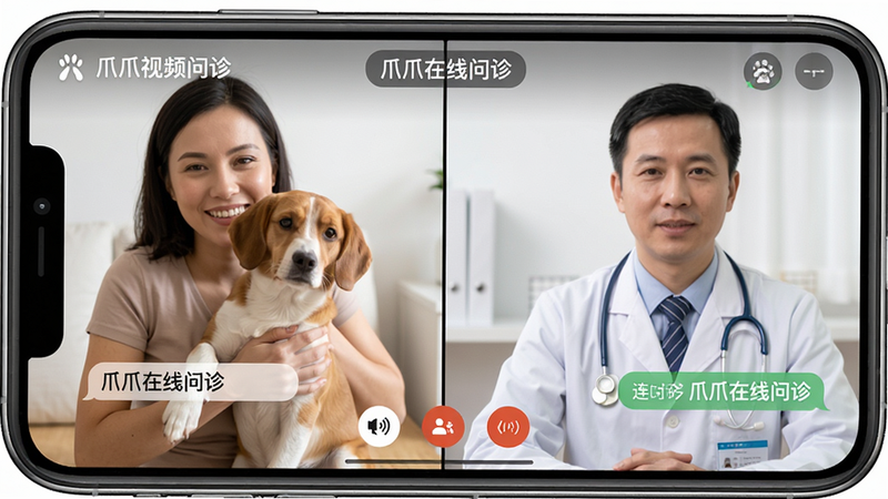 一张爪爪视频问诊界面截图,主体为手机屏幕展示兽医与宠物主人的视频通话界面,布局左右分屏,左侧为宠物主人抱着宠物,右侧为穿着白大褂的兽医,排版专业,风格温暖,细节包括对话文字气泡和问诊计时,画质清晰,背景干净,无多余元素。文字显示爪爪在线问诊和连接中。