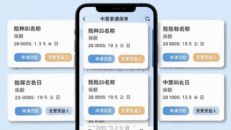 中意掌e通保单列表页面,手机屏幕显示多张保单卡片,每张卡片包含险种名称、保额、到期日,底部有“申请贷款”“变更受益人”按钮,卡片有阴影,背景为浅蓝色,画质干净