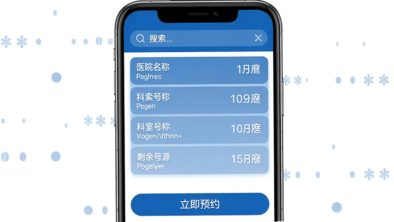 中意掌e通门诊预约界面,顶部搜索框,中间列表显示医院名称、科室、剩余号源,底部为“立即预约”按钮,蓝色主题,布局规整,画质干净