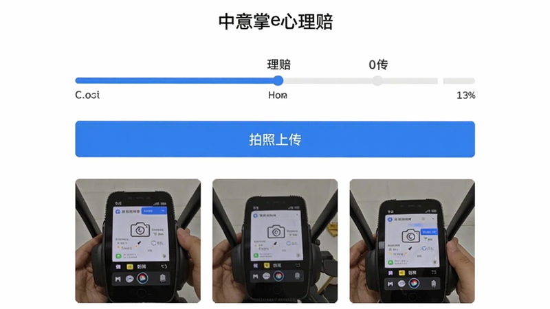 中意掌e心理赔页面,上方为理赔进度条,中间显示“拍照上传”按钮,下方为上传示例图片,背景白色,按钮蓝色,整体简洁,画质清晰