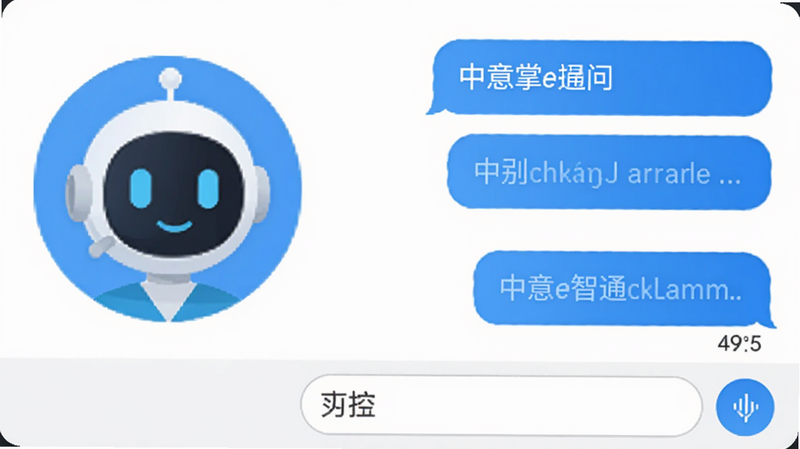 中意掌e通智能客服聊天界面,左侧为AI头像,右侧为用户提问气泡,下方输入框和语音按钮,背景白色,气泡蓝色,简洁友好