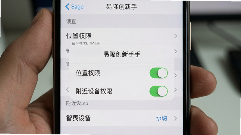 易隆创新手设置页面,手机屏幕显示权限请求弹窗,包括“位置权限”和“附近设备权限”两个开关,背景为系统设置界面,风格真实,画质干净