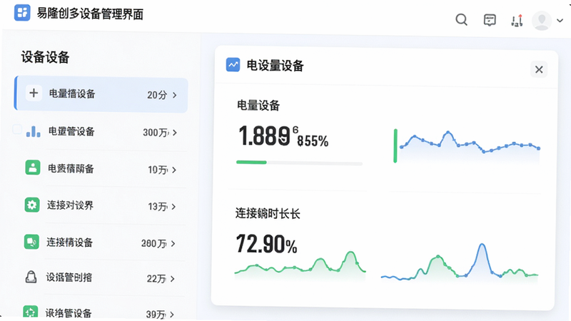 易隆创多设备管理界面,左侧为设备列表,右侧显示选中设备的详细信息卡片,包括电量百分比和连接时长,设计风格为卡片式,背景浅色,细节干净