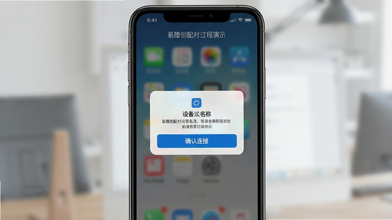 易隆创配对过程演示,手机屏幕中央弹出配对请求弹窗,弹窗上有设备名称和“确认连接”按钮,背景模糊处理,画质干净无多余元素