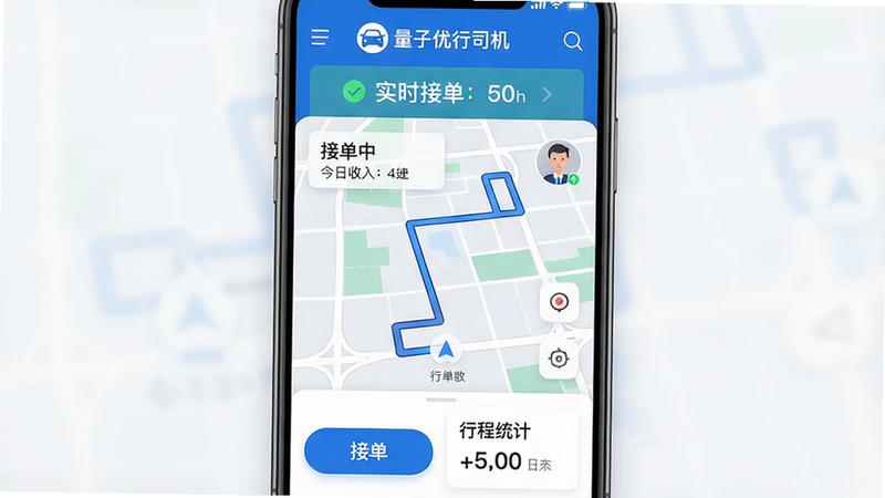 主体:量子优行司机APP界面展示,布局:手机屏幕居中显示,上方有“量子优行司机”Logo和实时接单状态,中间为地图导航路线,底部为接单按钮和行程统计卡片,排版:简洁清晰,风格:现代扁平化UI设计,色彩以蓝色和白色为主色调,细节:界面元素包含订单提示、司机头像、行驶轨迹,画质:高清细腻,干净无多余元素,文字:屏幕上显示“接单中”“今日收入”等字样。