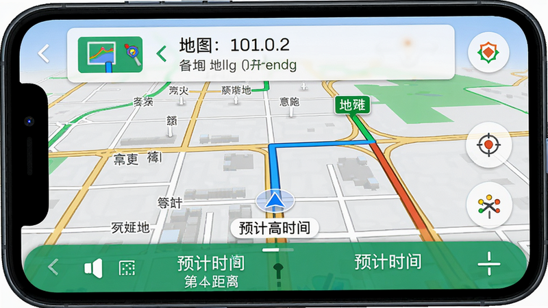 主体:手机导航界面截图,布局:地图居中,上方有目的地信息,下方有预计时间、距离,风格:高德地图经典风格,细节:路线用蓝色高亮显示,路况红黄绿标注,画质:高清,无多余UI干扰。
