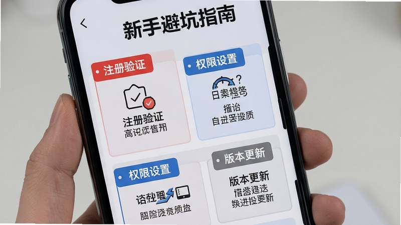 主体:一张手机屏幕上显示“新手避坑指南”长图,布局:图片分多个区块,每个区块用红色、蓝色、灰色标签区分,风格:信息图设计,背景浅灰,细节:文字内容包含“注册验证”“权限设置”“版本更新”等关键词,画质:清晰,干净无多余元素。