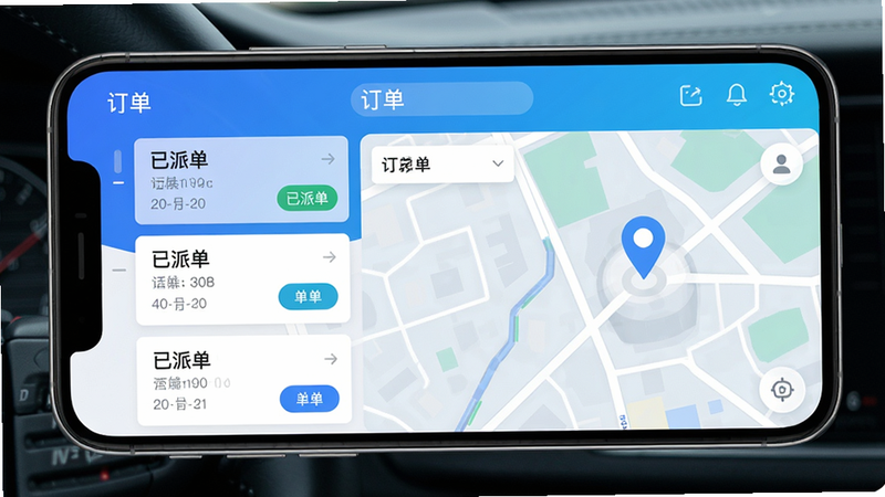 主体:司机手机屏幕上显示智能派单界面,布局:左侧订单列表,右侧地图标注乘客位置,风格:科技感UI,蓝色渐变背景,细节:订单卡片上标有“已派单”“抢单”按钮,画质:清晰明亮,干净无多余元素。