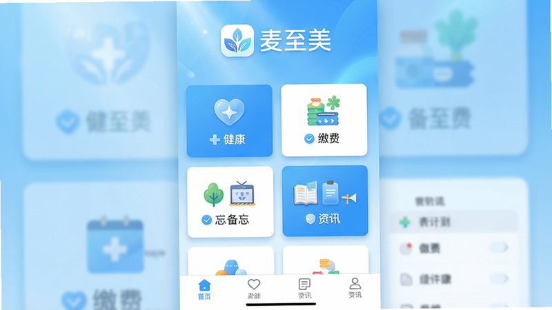 主体:麦至美APP主界面截图,展示首页功能卡片布局。排版:居中构图,顶部有软件名称“麦至美”Logo,中部为四个功能模块(健康、缴费、备忘、资讯)卡片排列,底部导航栏简洁。风格:明亮清新的扁平化设计,蓝白配色为主。细节:卡片带有轻微阴影,背景有渐变光泽,图标精致。画质:高清、干净,无多余元素。