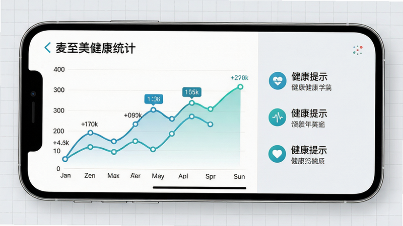 主体:手机横屏展示麦至美健康统计页面,左侧是折线图,右侧是健康提示文字。布局:左右分栏,图表占三分之二,提示文字占三分之一。风格:简洁数据可视化风格,蓝绿色系。细节:折线图上标有数据点,提示文字带小图标,背景为浅灰网格纹理。画质:高清、干净,无多余元素。