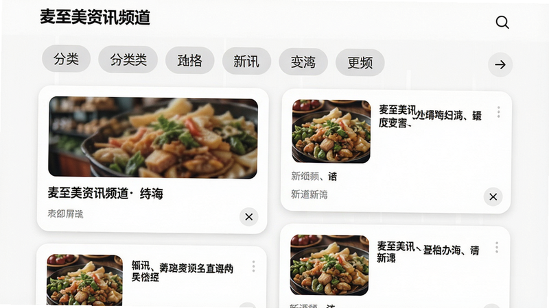 主体:麦至美资讯频道页面,呈现瀑布流布局,每条资讯带缩略图和标题。布局:双列瀑布流,顶部有分类标签栏。风格:杂志式排版,图片圆角,文字简洁。细节:每条卡片右下角有“×”关闭按钮用于快速屏蔽,标签栏可左右滑动。画质:高清、干净,无多余元素。