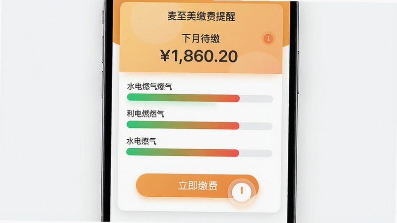 主体:麦至美缴费提醒界面,顶部显示“下月待缴”金额,中间为水电燃气三项进度条,底部有“立即缴费”按钮。布局:纵向排列,信息层级清晰。风格:卡片式UI,暖色调高亮即将到期项目。细节:进度条颜色从绿到红渐变,按钮有按压反馈效果。画质:高清、干净,无多余元素。