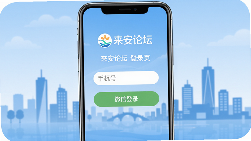 手机屏幕显示来安论坛登录界面,上方“来安论坛”logo,下方手机号输入框和微信登录按钮,布局居中,风格圆润,背景为来安城市剪影,画质高清干净,文字标注“来安论坛 登录页”