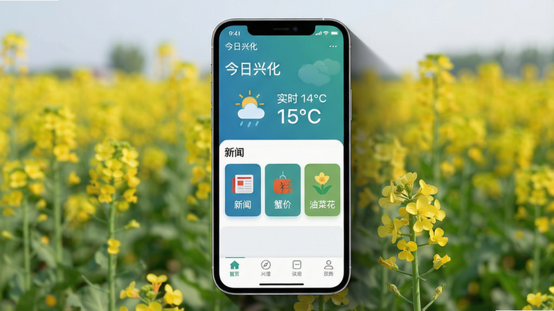主体:手机屏幕显示“今日兴化”主界面,顶部显示实时天气图标和温度,中间有“新闻”“蟹价”“油菜花”三个功能卡片,底部导航栏。布局:居中构图,手机竖屏展示,右侧有轻微阴影突出立体感。排版:UI界面干净整洁,图标为扁平化风格,文字清晰中文。风格:现代简约,蓝绿色调为主,体现水乡清新。细节:通知栏显示“今日兴化”字样,背景有虚化的油菜花田。画质:4K超清,无多余元素,干净明亮。
