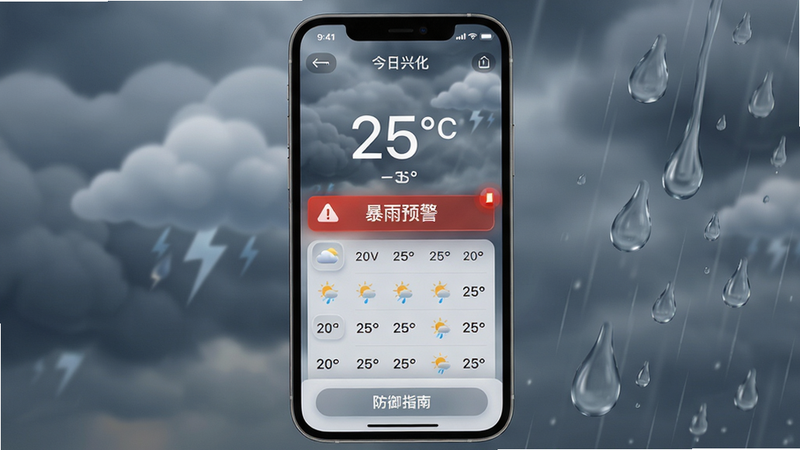 主体:手机界面上显示“今日兴化”天气预报页面,背景是动态阴天动画,温度显示25°C,有“暴雨预警”红色横幅。布局:手机居中,屏幕内容占满,右侧有模拟雨滴特效。排版:信息层级分明,左上角返回按钮,中部大号温度数字,下方是逐小时预报列表。风格:写实风格+轻拟态,图标细腻。细节:预警横幅带有闪烁效果,底部有“防御指南”按钮。画质:超清,无多余元素,干净。