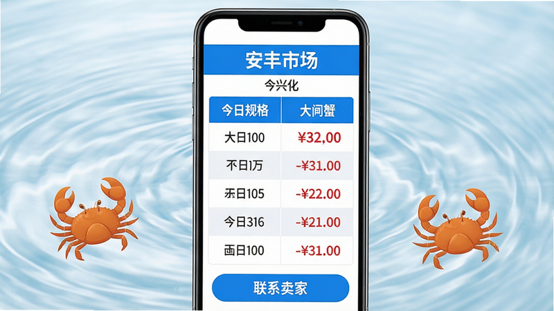 主体:手机屏幕上显示“今日兴化”大闸蟹价格页面,表格形式列出不同规格价格,顶部有“安丰市场”标题。布局:手机竖屏,表格占据主要画面,背景有水波纹纹理。排版:表头高亮蓝色,价格数字用红色标注,清晰易读。风格:数据可视化风格,简洁商务。细节:旁边有螃蟹图标,底部有“联系卖家”按钮。画质:高清,无多余元素,干净。