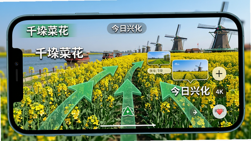 主体:手机屏幕显示“今日兴化”实景导航界面,摄像头取景中油菜花田,叠加虚拟箭头和景点标注。布局:手机横屏显示,取景画面占满,左上角有“千垛菜花”字样。排版:虚拟箭头为绿色半透明,标注文字为白色带阴影。风格:AR混合现实风格,色彩艳丽。细节:远处有游船和风车,天气晴朗。画质:4K,干净无多余元素。