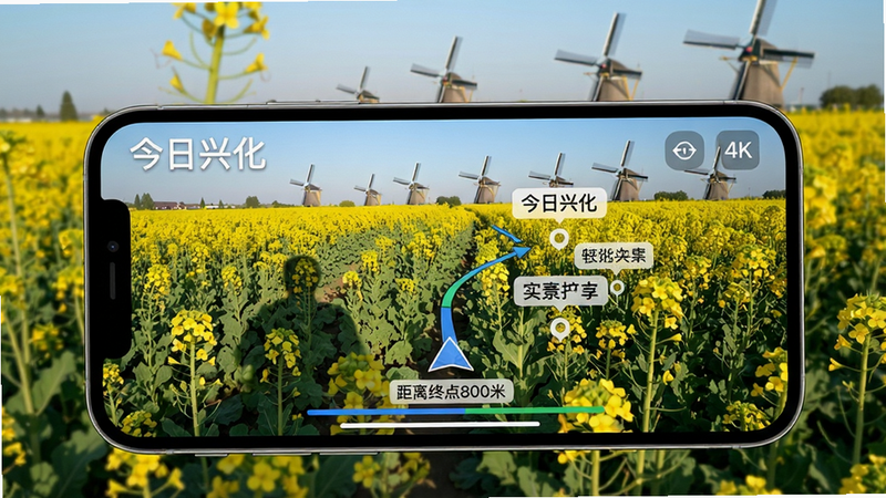 主体:手机屏幕上显示“今日兴化”实景导航界面,叠加在油菜花田上,有箭头和景点标签,底部有“距离终点800米”进度条。布局:手机横屏,取景画面为实拍油菜花,虚拟元素叠加。排版:标签文字使用白色半透明背景,清晰易读。风格:AR混合现实风格,色彩鲜艳真实。细节:画面中有人物影子,远处有风车。画质:4K,干净无多余元素。