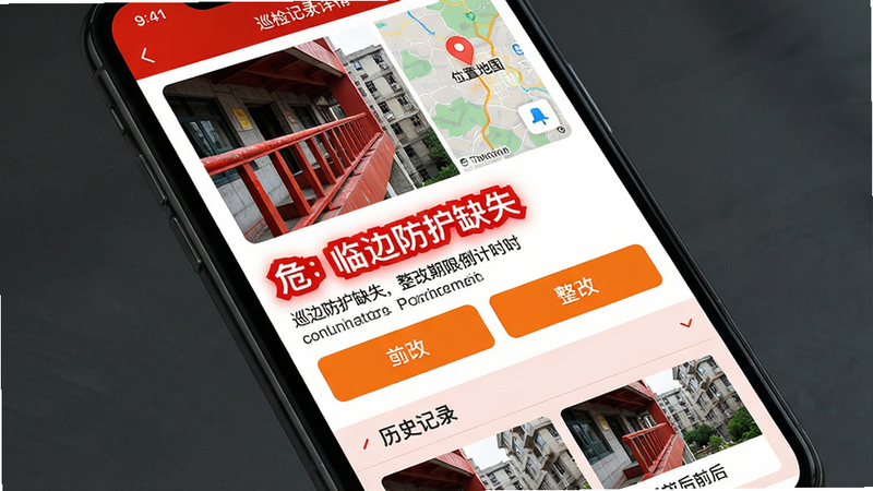主体:手机界面展示巡检记录详情,包含问题照片、位置地图标记、整改期限倒计时。布局:照片占据上半部分,下方为文字描述与操作按钮。排版:大号标签“危:临边防护缺失”红色醒目,整改按钮为橙色。风格:警示风格,红橙主色。细节:底部有“历史记录”折叠面板,显示整改前后对比图。画质:高对比度,干净无多余元素。