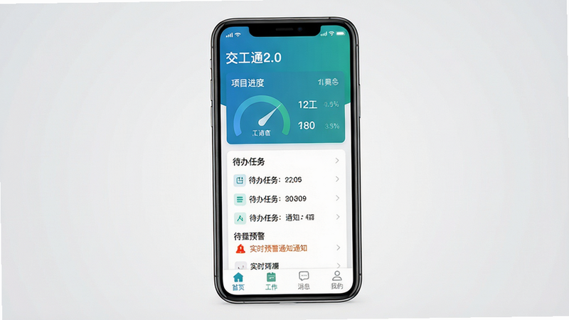 主体:一部智能手机屏幕展示交工通2.0主界面,界面中包含项目进度仪表盘、待办任务列表、实时预警通知。布局:手机居中,背景为浅灰色渐变,界面元素清晰。排版:界面采用卡片式设计,标题“交工通2.0”位于顶部,字体为黑体加粗。风格:现代扁平化UI,蓝绿色主色调,干净清爽。细节:右上角显示信号与电量图标,界面下方有“首页”“工作”“消息”“我的”四个标签。画质:超高清,无反光,无多余元素。
