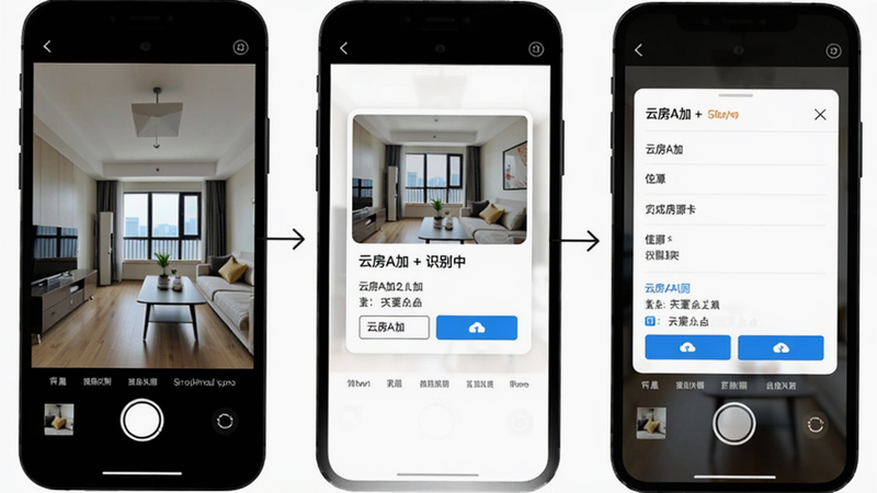 画面主体展示手机界面操作流程:从拍照识别到生成房源卡片的过程,左侧为拍摄房间照片,右侧弹出信息自动填充窗口;布局为横向三步流程图,背景为纯白色;排版使用箭头引导,风格简洁商务;细节处显示“云房A加”识别中字样,画质干净且无多余元素