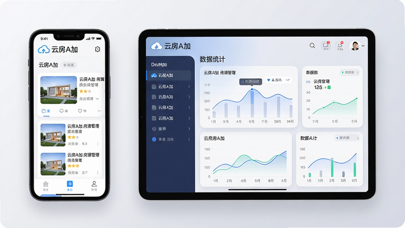 画面主体为“云房A加”软件界面在手机与平板上的双屏展示,左侧手机屏幕显示房源列表页,右侧平板显示数据统计仪表盘;背景为浅灰色渐变,整体布局左右对称;排版上使用圆角卡片与柔和阴影,风格为现代扁平化UI;细节处突出“云房A加”Logo位于顶部,画质高清、干净无多余元素,以“云房A加 房源管理”为界面文字