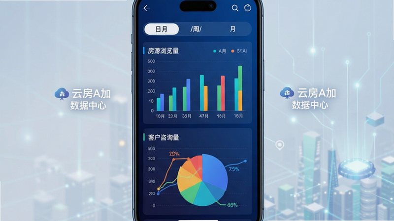 画面主体为移动端数据报表页面,顶部为切换日/周/月的标签栏,下方依次显示三个图表(柱状图展示房源浏览量,折线图展示客户咨询量,饼图展示成交占比);背景为深蓝渐变底色,图表颜色鲜亮;布局纵向排列,风格商务科技;细节处标注“云房A加 数据中心”,画质干净无多余元素