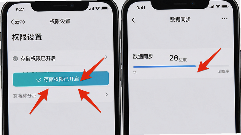 画面主体为两部手机并排展示云房A加操作页面,左边手机显示“权限设置”界面(标注“存储权限已开启”),右边手机显示“数据同步”进度条;背景为浅灰色,布局左右对比;排版简洁,风格教程截图;细节处红色箭头标注重点按钮,画质干净无多余元素
