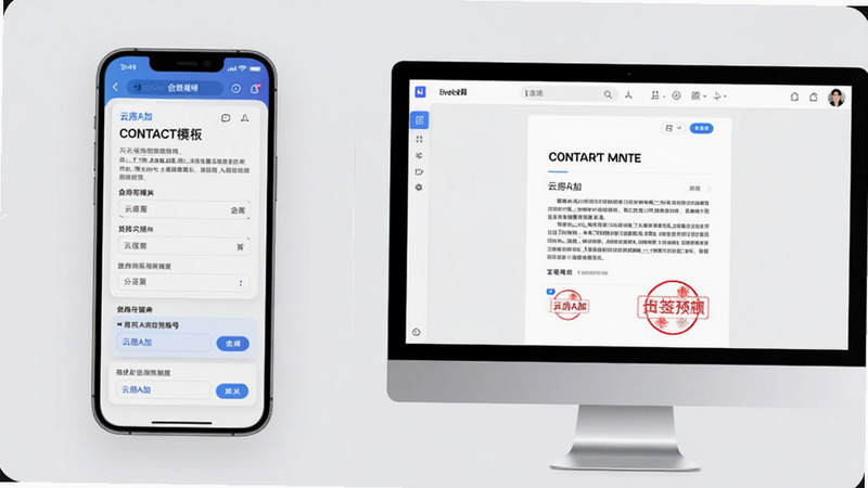 画面主体为手机与电脑并排展示合同编辑界面,手机界面显示合同模板填写,电脑界面显示已签章合同预览;背景为淡灰色,布局左右对比;排版使用半透明卡片,风格科技感;细节处显示“云房A加”合同编号,画质高清无多余元素