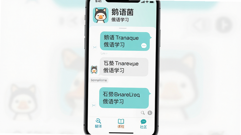 图片主体:鹅语菌APP主界面截图,布局为手机竖屏居中,顶部显示“鹅语菌”Logo与“俄语学习”字样,中部为聊天式对话气泡,底部有“翻译”、“课程”、“社区”三个标签。风格为清新扁平化UI,细节上对话气泡中俄语文字与中文翻译对照显示,画质高清干净,无多余元素