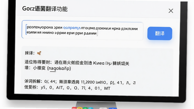 图片主体:鹅语菌翻译功能页面,输入框内有一段俄语文本,下方显示中文翻译和单词拆解。布局为竖向列表,风格简洁商务,细节上“翻译”按钮为蓝色,画质高,无多余广告